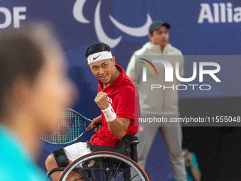 Tokito Oda of Japan reacts after he wins the gold medal in the Wheelchair Tennis - Men's Singles Gold Medal Match between Alfie Hewett of th...