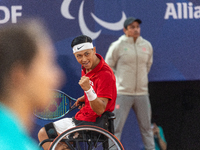 Tokito Oda of Japan reacts after he wins the gold medal in the Wheelchair Tennis - Men's Singles Gold Medal Match between Alfie Hewett of th...