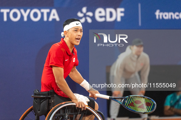 Tokito Oda of Japan reacts after he wins the gold medal in the Wheelchair Tennis - Men's Singles Gold Medal Match between Alfie Hewett of th...