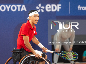 Tokito Oda of Japan reacts after he wins the gold medal in the Wheelchair Tennis - Men's Singles Gold Medal Match between Alfie Hewett of th...