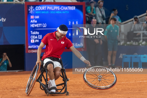 Tokito Oda of Japan reacts after he wins the gold medal in the Wheelchair Tennis - Men's Singles Gold Medal Match between Alfie Hewett of th...