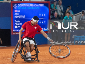 Tokito Oda of Japan reacts after he wins the gold medal in the Wheelchair Tennis - Men's Singles Gold Medal Match between Alfie Hewett of th...