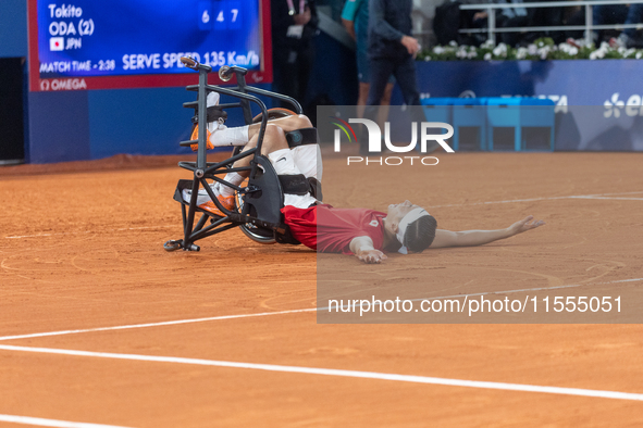 Tokito Oda of Japan reacts after he wins the gold medal in the Wheelchair Tennis - Men's Singles Gold Medal Match between Alfie Hewett of th...