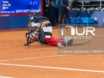 Tokito Oda of Japan reacts after he wins the gold medal in the Wheelchair Tennis - Men's Singles Gold Medal Match between Alfie Hewett of th...