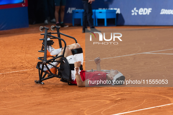 Tokito Oda of Japan reacts after he wins the gold medal in the Wheelchair Tennis - Men's Singles Gold Medal Match between Alfie Hewett of th...