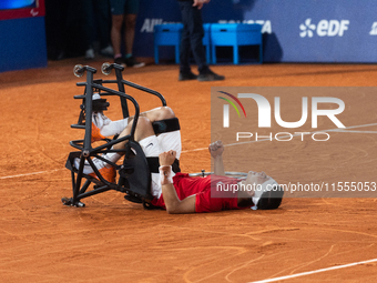 Tokito Oda of Japan reacts after he wins the gold medal in the Wheelchair Tennis - Men's Singles Gold Medal Match between Alfie Hewett of th...