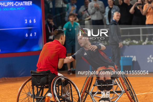 Tokito Oda of Japan reacts after he wins the gold medal in the Wheelchair Tennis - Men's Singles Gold Medal Match between Alfie Hewett of th...