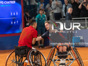 Tokito Oda of Japan reacts after he wins the gold medal in the Wheelchair Tennis - Men's Singles Gold Medal Match between Alfie Hewett of th...