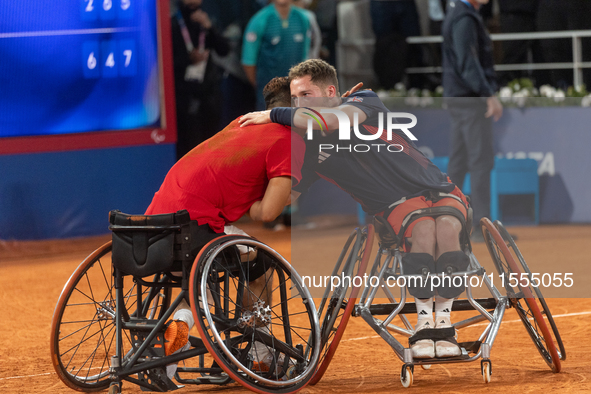 Tokito Oda of Japan reacts after he wins the gold medal in the Wheelchair Tennis - Men's Singles Gold Medal Match between Alfie Hewett of th...