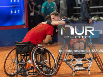 Tokito Oda of Japan reacts after he wins the gold medal in the Wheelchair Tennis - Men's Singles Gold Medal Match between Alfie Hewett of th...