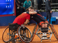 Tokito Oda of Japan reacts after he wins the gold medal in the Wheelchair Tennis - Men's Singles Gold Medal Match between Alfie Hewett of th...