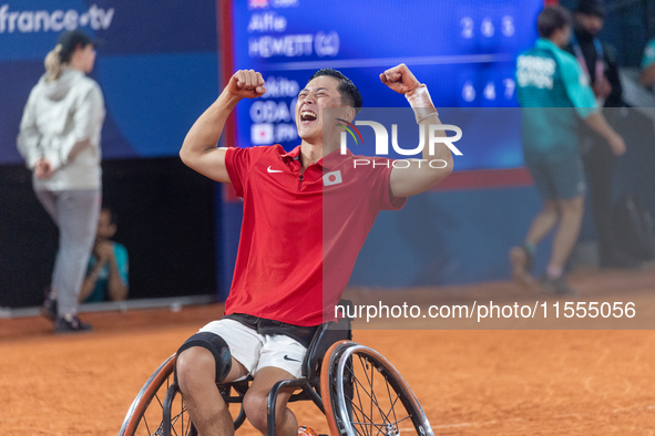 Tokito Oda of Japan reacts after he wins the gold medal in the Wheelchair Tennis - Men's Singles Gold Medal Match between Alfie Hewett of th...