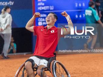 Tokito Oda of Japan reacts after he wins the gold medal in the Wheelchair Tennis - Men's Singles Gold Medal Match between Alfie Hewett of th...