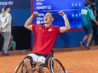 Tokito Oda of Japan reacts after he wins the gold medal in the Wheelchair Tennis - Men's Singles Gold Medal Match between Alfie Hewett of th...