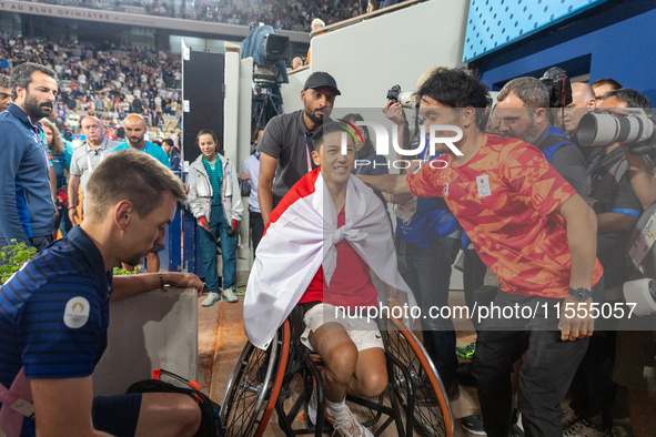 Tokito Oda of Japan reacts after he wins the gold medal in the Wheelchair Tennis - Men's Singles Gold Medal Match between Alfie Hewett of th...