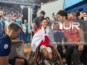 Tokito Oda of Japan reacts after he wins the gold medal in the Wheelchair Tennis - Men's Singles Gold Medal Match between Alfie Hewett of th...