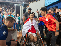 Tokito Oda of Japan reacts after he wins the gold medal in the Wheelchair Tennis - Men's Singles Gold Medal Match between Alfie Hewett of th...