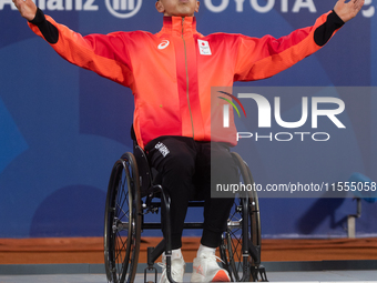 Tokito Oda of Japan reacts on the podium for the gold medal during the Wheelchair Tennis - Men's Singles Gold Medal Match victory ceremony o...