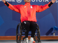 Tokito Oda of Japan reacts on the podium for the gold medal during the Wheelchair Tennis - Men's Singles Gold Medal Match victory ceremony o...