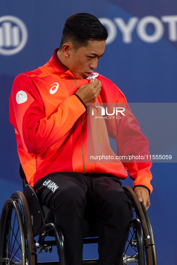 Tokito Oda of Japan reacts on the podium for the gold medal during the Wheelchair Tennis - Men's Singles Gold Medal Match victory ceremony o...