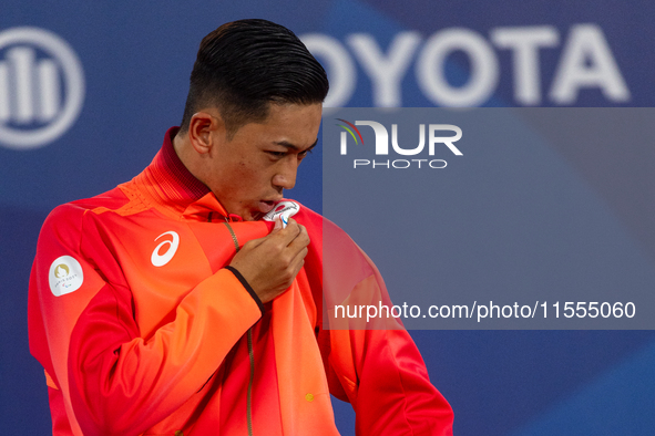 Tokito Oda of Japan reacts on the podium for the gold medal during the Wheelchair Tennis - Men's Singles Gold Medal Match victory ceremony o...