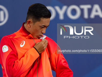 Tokito Oda of Japan reacts on the podium for the gold medal during the Wheelchair Tennis - Men's Singles Gold Medal Match victory ceremony o...