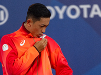 Tokito Oda of Japan reacts on the podium for the gold medal during the Wheelchair Tennis - Men's Singles Gold Medal Match victory ceremony o...