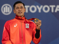 Tokito Oda of Japan reacts on the podium for the gold medal during the Wheelchair Tennis - Men's Singles Gold Medal Match victory ceremony o...