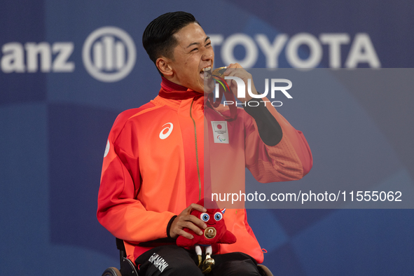 Tokito Oda of Japan reacts on the podium for the gold medal during the Wheelchair Tennis - Men's Singles Gold Medal Match victory ceremony o...