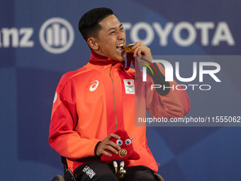 Tokito Oda of Japan reacts on the podium for the gold medal during the Wheelchair Tennis - Men's Singles Gold Medal Match victory ceremony o...