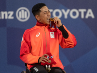 Tokito Oda of Japan reacts on the podium for the gold medal during the Wheelchair Tennis - Men's Singles Gold Medal Match victory ceremony o...