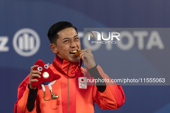 Tokito Oda of Japan reacts on the podium for the gold medal during the Wheelchair Tennis - Men's Singles Gold Medal Match victory ceremony o...