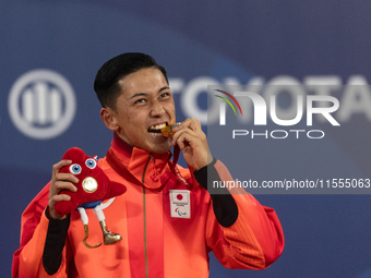 Tokito Oda of Japan reacts on the podium for the gold medal during the Wheelchair Tennis - Men's Singles Gold Medal Match victory ceremony o...