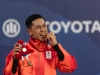 Tokito Oda of Japan reacts on the podium for the gold medal during the Wheelchair Tennis - Men's Singles Gold Medal Match victory ceremony o...