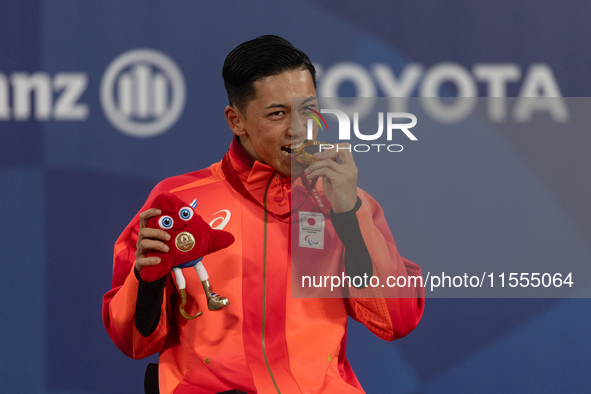 Tokito Oda of Japan reacts on the podium for the gold medal during the Wheelchair Tennis - Men's Singles Gold Medal Match victory ceremony o...