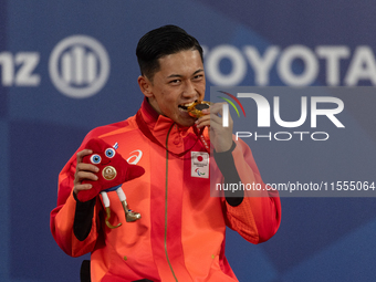 Tokito Oda of Japan reacts on the podium for the gold medal during the Wheelchair Tennis - Men's Singles Gold Medal Match victory ceremony o...