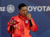 Tokito Oda of Japan reacts on the podium for the gold medal during the Wheelchair Tennis - Men's Singles Gold Medal Match victory ceremony o...