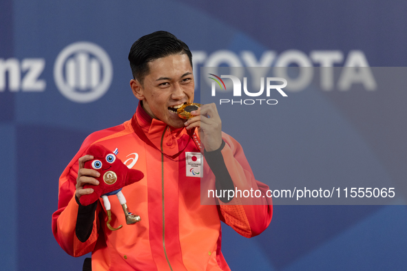 Tokito Oda of Japan reacts on the podium for the gold medal during the Wheelchair Tennis - Men's Singles Gold Medal Match victory ceremony o...