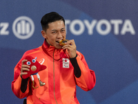 Tokito Oda of Japan reacts on the podium for the gold medal during the Wheelchair Tennis - Men's Singles Gold Medal Match victory ceremony o...