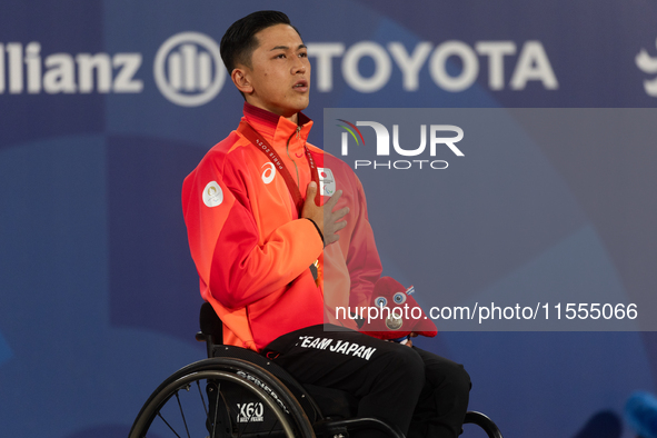 Tokito Oda of Japan reacts on the podium for the gold medal during the Wheelchair Tennis - Men's Singles Gold Medal Match victory ceremony o...