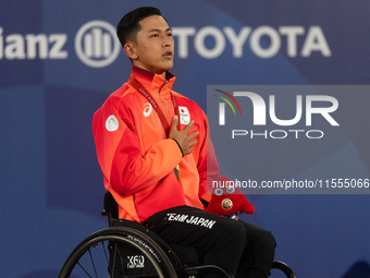 Tokito Oda of Japan reacts on the podium for the gold medal during the Wheelchair Tennis - Men's Singles Gold Medal Match victory ceremony o...