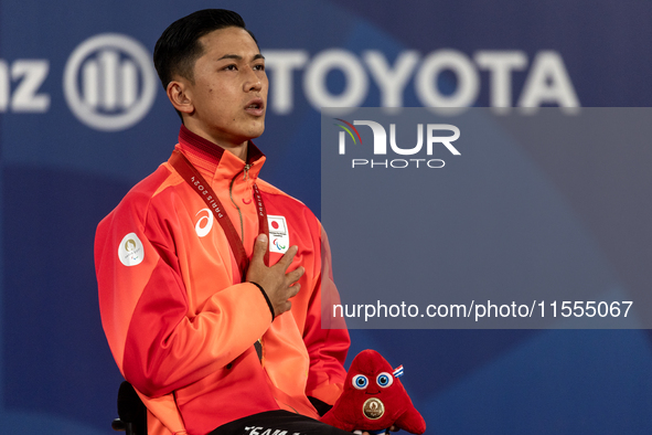 Tokito Oda of Japan reacts on the podium for the gold medal during the Wheelchair Tennis - Men's Singles Gold Medal Match victory ceremony o...