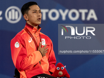 Tokito Oda of Japan reacts on the podium for the gold medal during the Wheelchair Tennis - Men's Singles Gold Medal Match victory ceremony o...