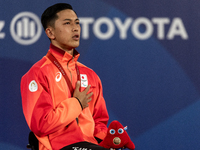 Tokito Oda of Japan reacts on the podium for the gold medal during the Wheelchair Tennis - Men's Singles Gold Medal Match victory ceremony o...