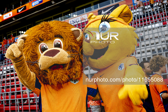 Mascots of the Netherlands, Dutchy and Kicky, during the match between the Netherlands and Bosnia and Herzegovina at the Philips Stadium for...