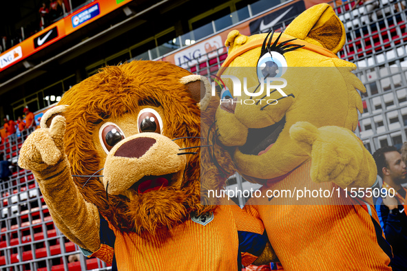 Mascots of the Netherlands, Dutchy and Kicky, during the match between the Netherlands and Bosnia and Herzegovina at the Philips Stadium for...