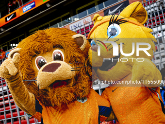 Mascots of the Netherlands, Dutchy and Kicky, during the match between the Netherlands and Bosnia and Herzegovina at the Philips Stadium for...