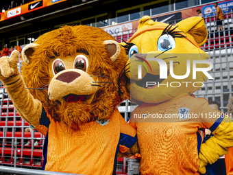 Mascots of the Netherlands, Dutchy and Kicky, during the match between the Netherlands and Bosnia and Herzegovina at the Philips Stadium for...