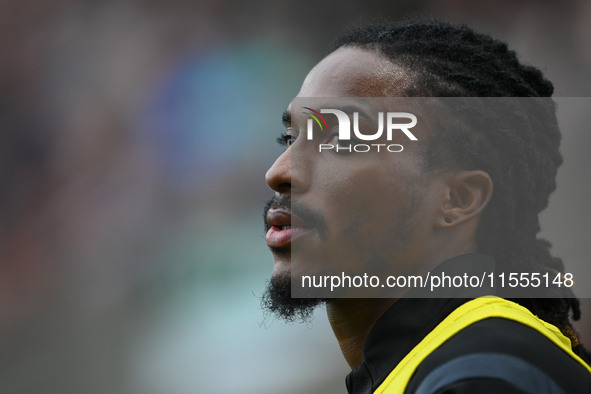 Jevani Brown of Notts County warms up during the Sky Bet League 2 match between Notts County and Accrington Stanley at Meadow Lane in Nottin...