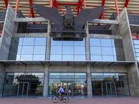 A person rides a bike at the Benfica ''Estadio da Luz'' in Lisbon, Portugal, on September 7, 2024. The soccer team has a new coach, Portugue...